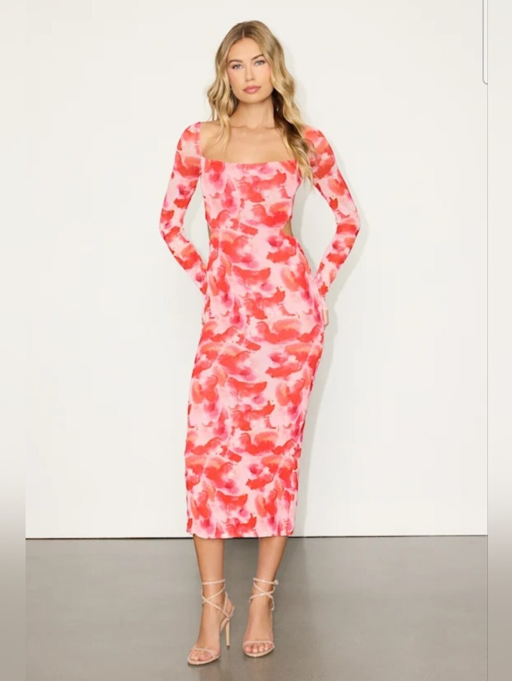 Lulus Dasia Pink and Red Abstract Print Mesh Cutout Midi Dress Size XL New